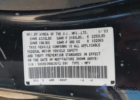 2003 Honda Cr-V Ex z USA, uszkodzony, nr VIN SHSRD78843U120591